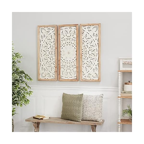 Deco-79-Wood-Floral-Intricately-Carved-Wall-Decor-with-Mandala-Design-Set-of-3-35-35-35H-White