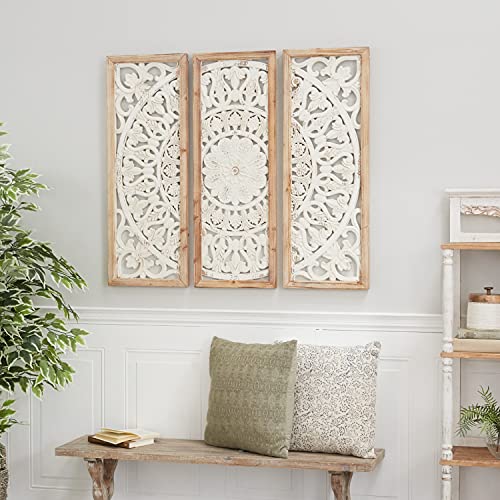 Deco-79-Wood-Floral-Intricately-Carved-Wall-Decor-with-Mandala-Design-Set-of-3-35-35-35H-White