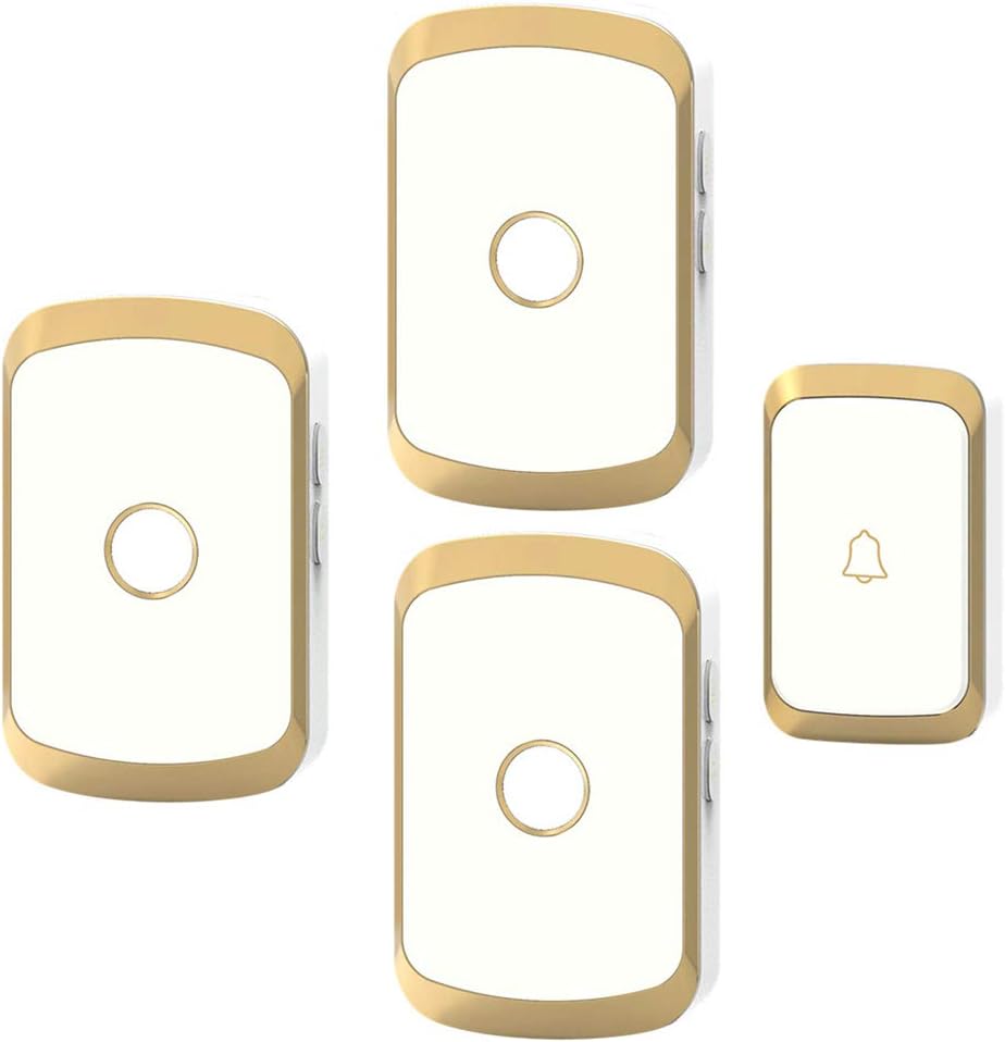Wireless Doorbell Waterproof, 1 Transmitter 3 Receivers Home Wall Plug-in Cordless Doorbell, 300M Range, 36 Music Ringtones / 4 Volume Levels Suitable for Home/Office etc,Black,Gold