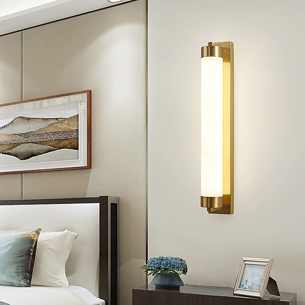 Applique Murale Orientale Traditionnelle à Long Tube, Appliques Murales en Laiton avec Abat-Jour en Flûte en Marbre, Applique Murale de Chevet, Luminaires Muraux LED Modernes 20W - Mode 3 Coul