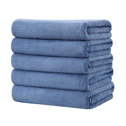 バスタオル 大判 ホテル仕様 タオル マイクロファイバー 5枚セット ふわふわ 吸水 速乾 耐久性 家庭用 サロン ジム サウナ バス用品 業務用 (ブルー)