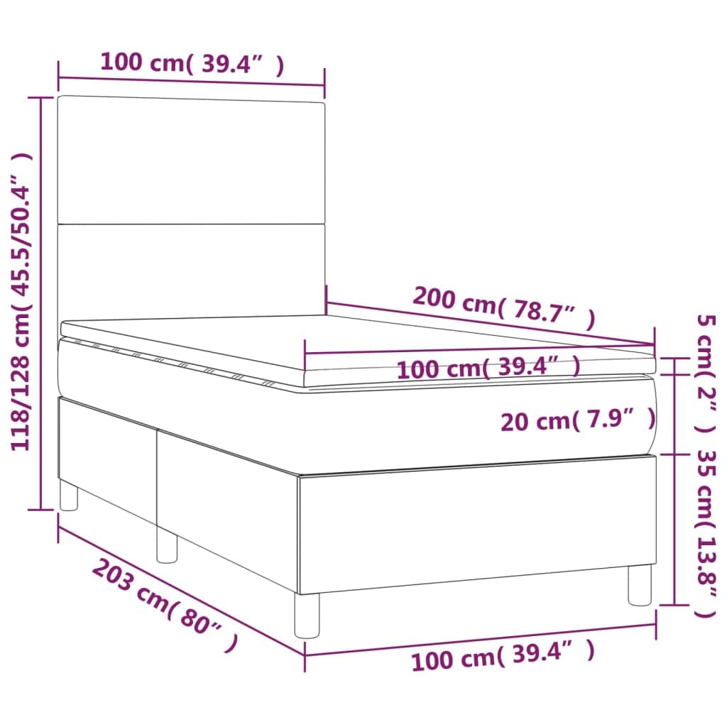 sztuczna skóra z regulowanym zagłówkiem LED Szary 100 x 200 cm | Łóżko kontynentalne 100x200 z materacem sprężynowym i LED, szara ekoskóra, zagłówek regulowany, nowoczesne do sypialni