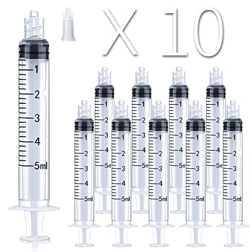 10 Pack 5ml/cc Plastic Luer Lock Syringe Large Syringes without Needle, Individually Wrapped, with Tip Cap for Scientific Labs and Measuring Liquids, Dispensing, Oil or Glue Applicator