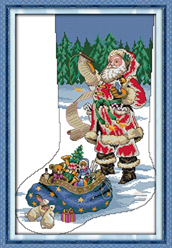 Image of CaptainCrafts Cross Stitch Kits Christmas Stocking Counted Cross Stitch Unprinted Fabric Cross Stitching DIY Needlecrafts Embroidery Kit for Adults(Unpreprint 14CT, Santa Claus preparing Gifts)
