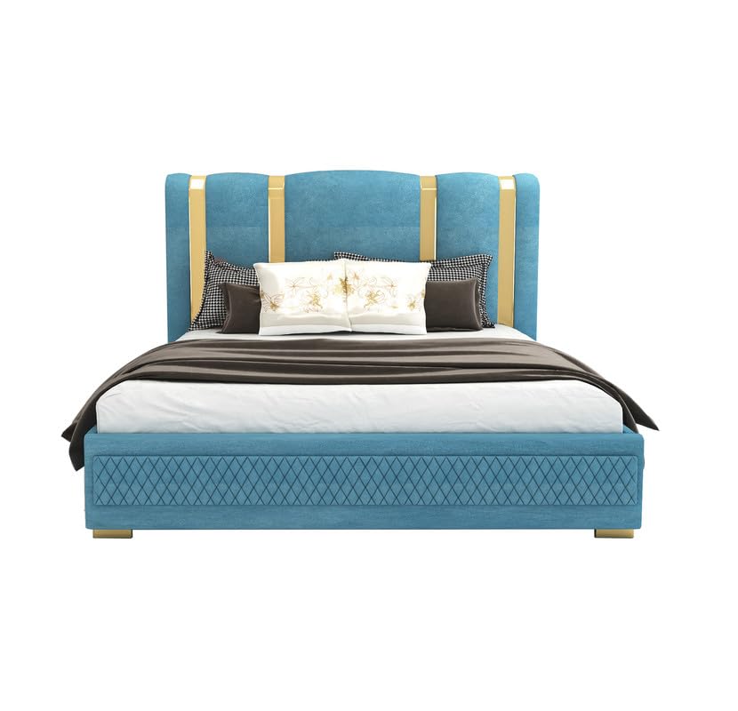 Image of STRATA FURNITURE Solid Wood King Size Bed with Box Storage and Upholstered Headboard | Modern Wooden Double Bed Cot Palang Furniture for Bedroom, Hotels, Living Room, and Home (Blue)