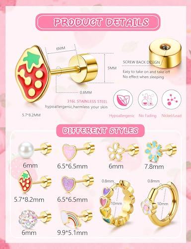 YADOCA 10 Paar Ohrringe Mädchen Kinder Medizinische Ohrstecker Hypoallergen Chirurgenstahl Gesundheitsstecker Kinder Ohrring Mädchen Süße Blume Herz Schmetterling Perle Geschenk Damen, Gold