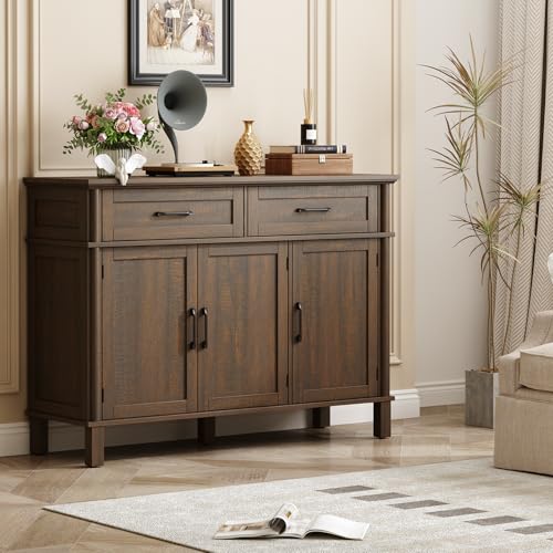 ONBRILL 48 Inches Buffet Cabinet with Storage, Farmhouse Sideboard Buffet w/2 Drawers and 3 Doors, Wood Coffee Bar Cabinet with Adjustable Shelves, Sideboard Storage for Kitchen, Living Room, Brown