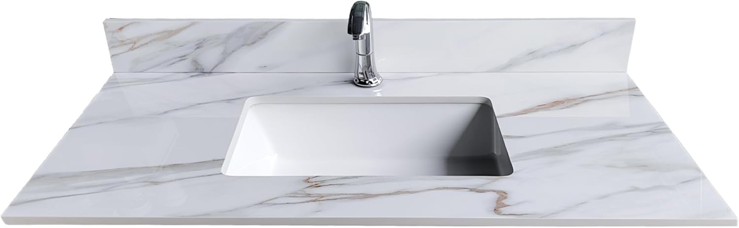 Montary Rectangular Vanity Top with Sink, 37" x 22", Sintered Stone, Undermount, Polished, Carrara White, 1 Hole, Bathroom Countertop with Backsplash