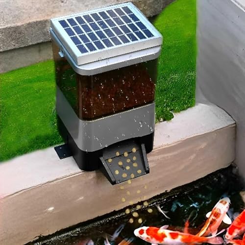 AWAYDD Automatic Fish Feeder, Pond Outdoor Intelligent Fish Food Feeding Dispenser Timed Rationing, Automatic Fish Feeder with Large Capacity Drum 10L and LCD Display