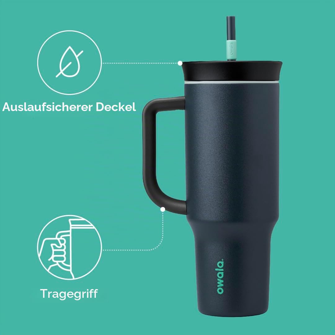 Owala Edelstahl Tumbler Thermobecher, 1.18 L – Isolierter Thermobecher mit Verschüttungssicherer Deckel, Strohhalm und Tragegriff, optimal fürs Auto und Reisen, Foggy Tide