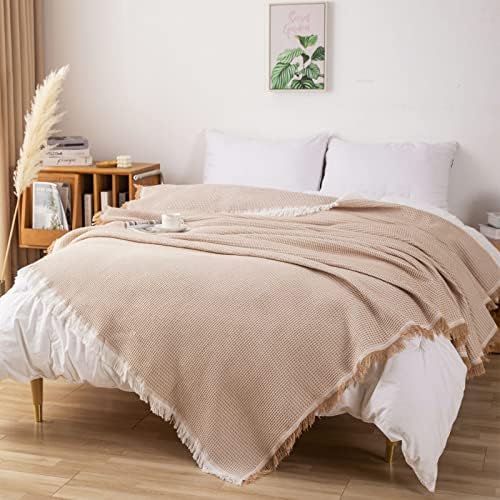 LHGOGO Waffle Sofa Throws Large 3 Seater Woven Sofa Throw Blanket with Tassels Reversible Versatile Throws for Sofas Large Throws for Settees Couch Sofa Bed and Armchair 180x300cm - Beige