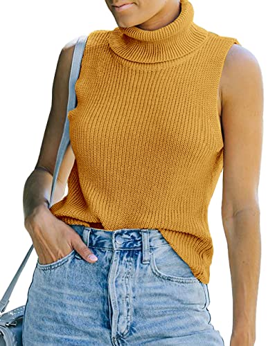 Image of Womens Sleeveless Sweater Vest Turtleneck Ribbed Knit Tank Tops Basic Slim Fit Top