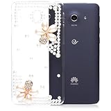 Huawei Ascend Y530 | iCues de cuentas flores caso claro | Bling de las señoras muchachas de las mujeres de piel protectora floral Hoja transparente protector claro Claro Claro Rhinestone Glitter lujo protección [protector de pantalla, incluyendo] Cubierta Cubierta Funda Carcasa Bolsa Cover Case