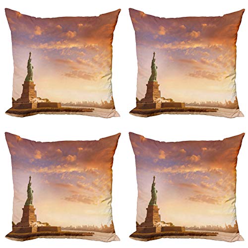 ABAKUHAUS Paysage Lot de Housses de Coussin en 4 pièces, New York, États-Unis Paysage, Impression Numérique Recto-Verso, 45 cm x 45 cm, Tan