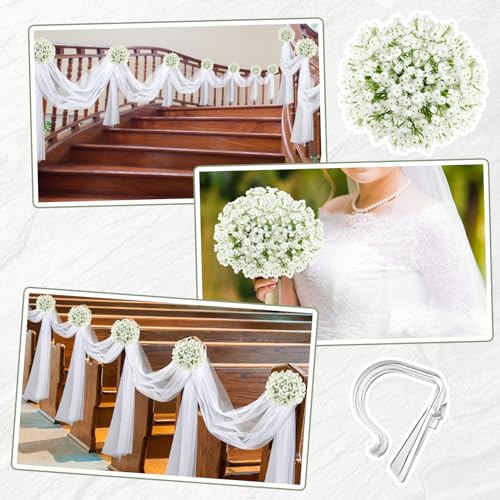 Riceshoot 34 Pcs Church Pew Wedding Decorations White Fabric Tulle Silk Flower Pew Clips Wedding Aisle Decor for Church Ceremony Banquet Party Reception(White)