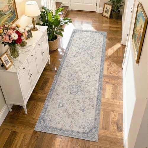 jinchan Runner Rug 3x8 Vintage Floral Distressed Hallway Rug, Blue/Gray