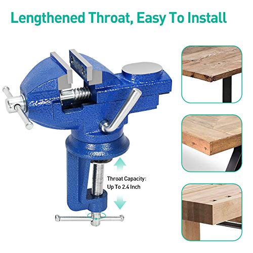Universal 3 Inch Table Vise, 360° Rotating Swivel Base Bench Vise Heavy Duty Woodworking Clamps Home Vise Clamp-On Vise Movable Work Bench Vise For Woodworking, Blue