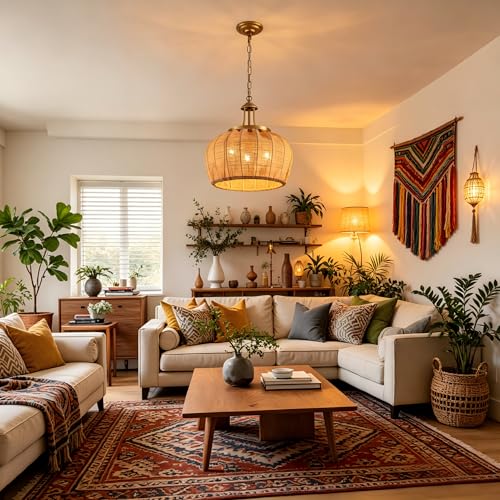Cabvope 16" Boho Chandelier Simple Fabric Cloth Art Bedroom Pendant Light Indoor Home Dining Room Chandelier Hanging Light Fixture for Living Room Office Golden Metal Frame — view 6