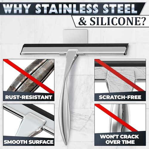 Image of Shower Door Squeegee with Hook - 12 inch Silicone Blade, Stainless Steel Squeegee for Shower Glass with Adhesive Mount - All-Purpose Bathroom Tile, Mirror, & Window Wiper for Streak-Free Cleaning (Silver)