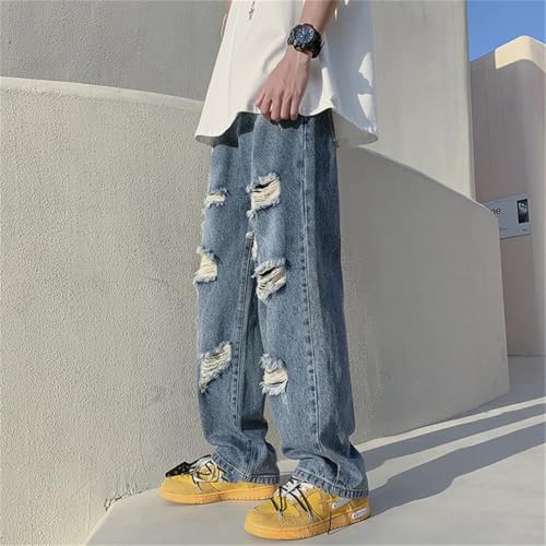 Mens Summer Ripped Jeans Casual Wide Leg Streetwear Loose Hip Hop Straight Hole Denim Pants4