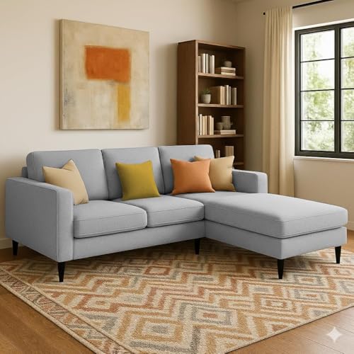 Image of Casaliving Grayon 3 Seater Convertible Sofa Set for Living Room, 3 Seater & Ottoman Modular Sectional Couch for Small Space (Grey Colour) Fabric