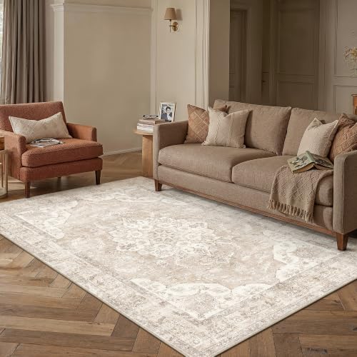 PureCozy Beige 5x7 Area Rug Washable Vintage Distressed Medallion