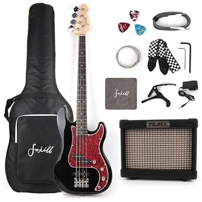 Fojill Full Size 4 Four String Electric Bass Guitar 10W Battery Power Bluetooth Amplifier Amp Beginner Starter Kit Set Combo Bundle Package Accessory Bag,Strap,Picks,Capo,Cable,Strings(Black)