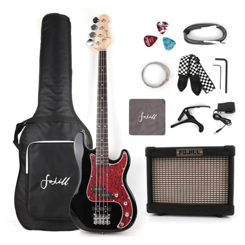 Full Size 4 Four String Electric Bass Guitar 10W Battery Power Amplifier Amp Right Hand Beginner Starter Kit Set Combo Bundle Accessory Gig Bag,Picks,Capo,Noiselss Cable,Strings(Black)