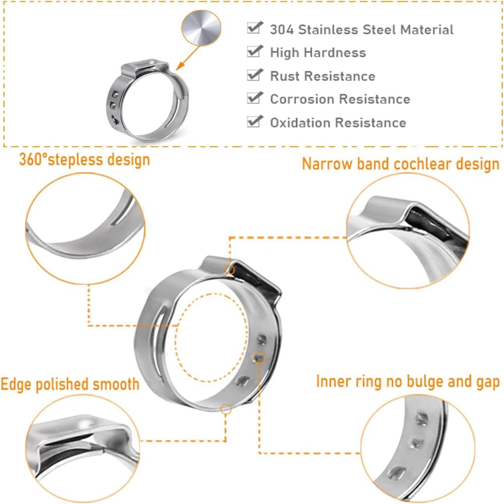 50pcs colliers de serrage à une oreille en continu 4,7-23,5 mm 304 colliers de serrage en acier inoxydable anneaux de serrage pour sceller les types de tuyaux, 12,8,15,3 mm