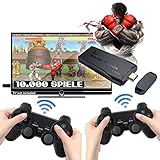 2 x kabellose Fernbedienungen – Inklusive zwei kabellosen Gamepad-Fernbedienungen mit Dual-Stick, erweiterbar auf 4 gleichzeitige Fernbedienungen, können Sie bequem aus Ihrem Wohnzimmer spielen, ohne Kabel zu benötigen und Retro-Spielwettbewerbe zu machen