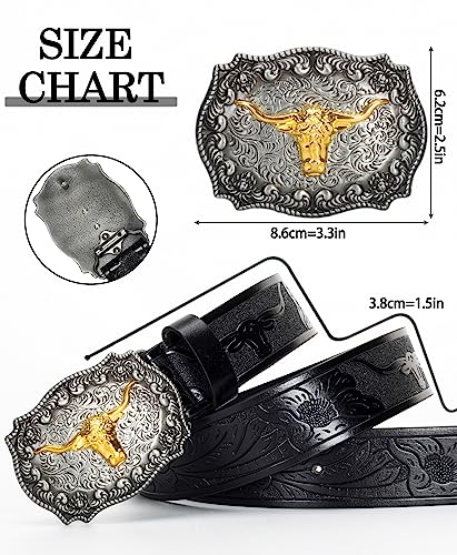Image of UTOWO Western PU-Leather Cowboy Buckle Belt for Men and Women Jeans Engraved Floral Longhorn Bull Buckle Belt (25-38 inch waist)
