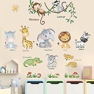 decalmile Jungle Animals Wall Decals Monkey Elephant Lion Giraffe Wall Stickers Baby Nursery Kids Room Living Room Wall Decor