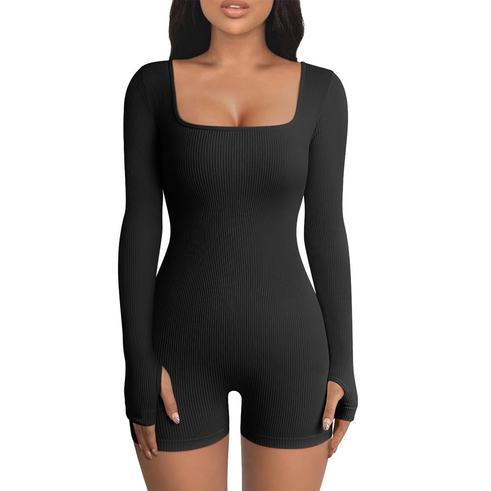 HSAJS Mono Deportivo Mujer Manga Larga Monos Corto con Cuello Cuadrado Ajustado Jumpsuit Sexy Traje de Una Pieza Elástico Elegante para Gimnasio Entrenamiento Overol