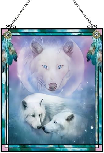 The Bradford Exchange Gentle Spirits Mystic Harmony Exquisita obra de arte de vitral, atrapasoles de lobo por Carol Cavalaris 7.5 pulgadas