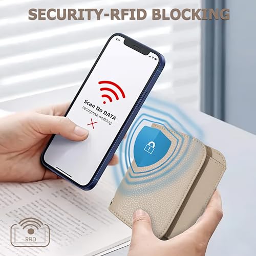 Image of Women Small Wallet RFID Blocking Slim Wallet with Coin Pocket Tri-Fold Credit Card Holder with ID Window and Keychain (Khaki)