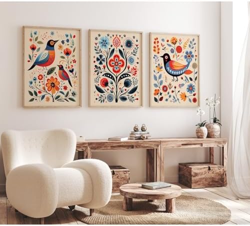 Scandinavian Folk Wall Art Nodic Flower Canvas Wall Decor Norwegi...