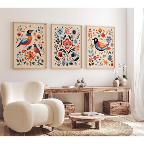 Scandinavian Folk Wall Art Nodic Flower Canvas Wall Decor Norwegian Wall Art Poster Swedish Antique Wall Decor Pictures Floral Bird Prints Vintage Poster for Home Kitchen 16x24x3 Inch Unframed