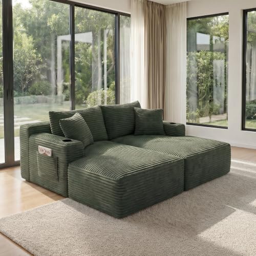 Image of 133 inch Oversized Cloud Boneless Sofa Couch with Chaise, Modern Corduroy U Shaped Modular Sectional Sofa with Deep Seat, Comfy Couch with Cupholders and Storage, No Assembly Required-Green
