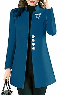 معطف نسائي طويل أنيق باللون الأزرق، تصميم كلاسيكي مع أزرار أمامية وياقة عالية، ملابس خريفية وشتوية