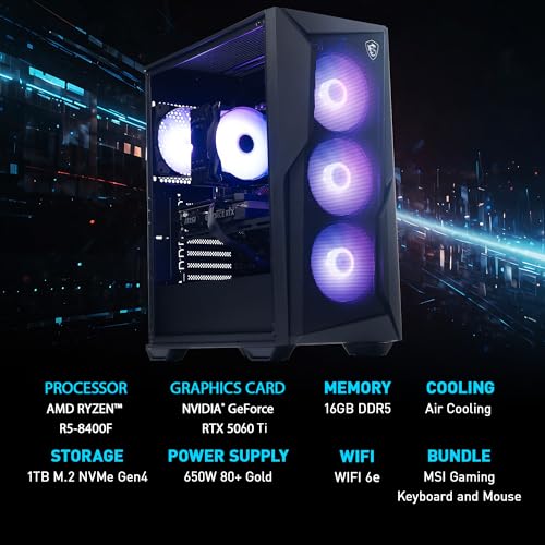 Image of msi Codex Z2 Gaming Desktop: AMD R5-8400F, GeForce RTX 5060 Ti 8G, 16GB DDR5, 1TB m.2 NVMe SSD, USB Type-C, VR-Ready, Windows 11 Home Plus: B8NVM-800US