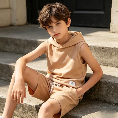 Image of Size 6-12 Years Boys Summer Clothes Hooded Sleeveless Tank Tops Workout Shorts 2 Piece Set Fashion Outfits