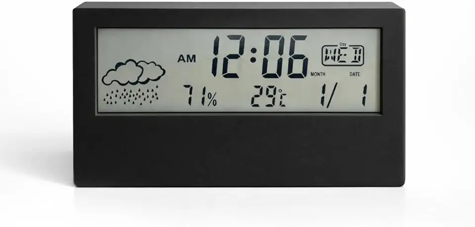 Relógio Despertador de Mesa Digital com Display LCD, Temperatura, Umidade e Previsão do Tempo (Preto)