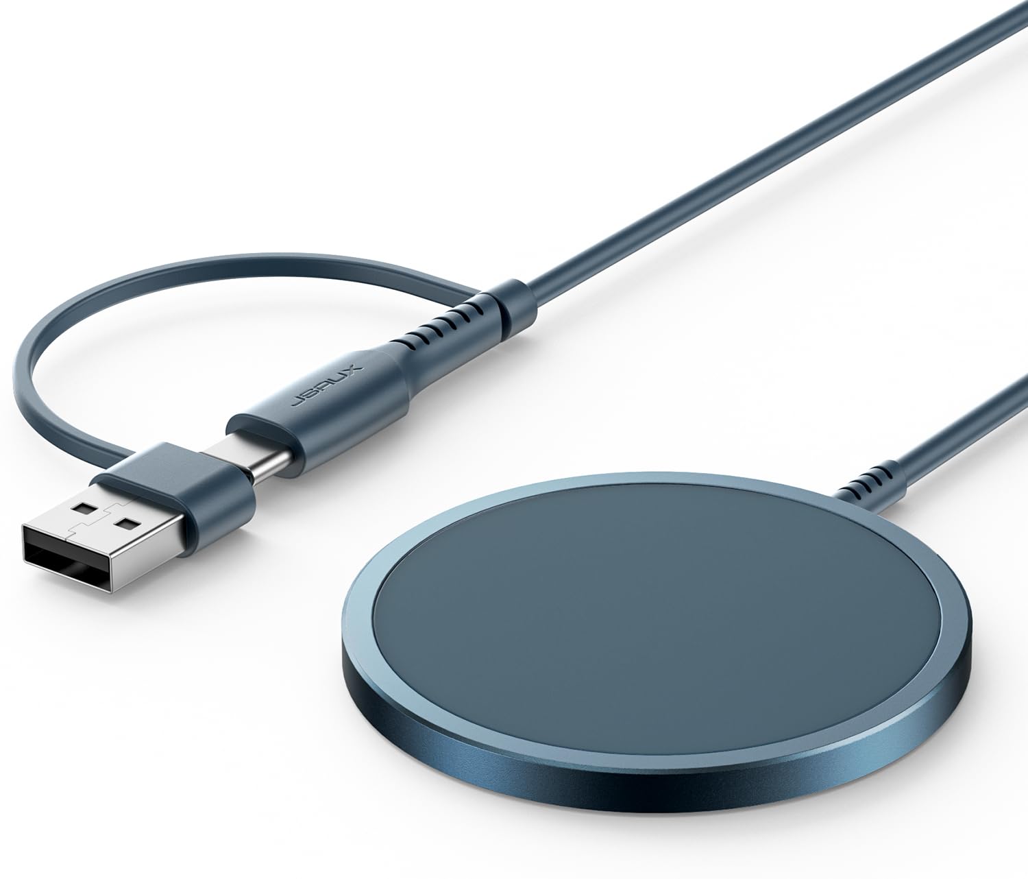 JSAUX Wireless Charger for iPhone 17 MagSafe Charger, Magnetic Charger for iPhone 17 Air Pro Max/16/15/14/13/12 Series/Airpods, Aluminum Alloy, USB & USB C Dual Ports, Mag Wireless Charging Pad-Blue