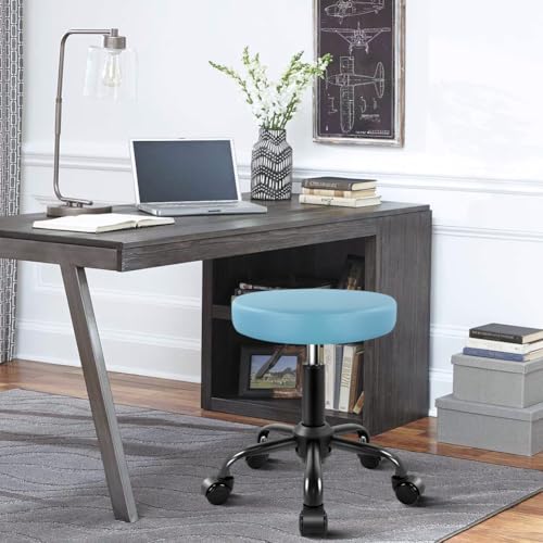 KKTONER Round Rolling Stool Height Adjustable Stool PU Leather Chair with Wheels Salon Spa Drafting stools Small Sky Blue - Thumbnail 2