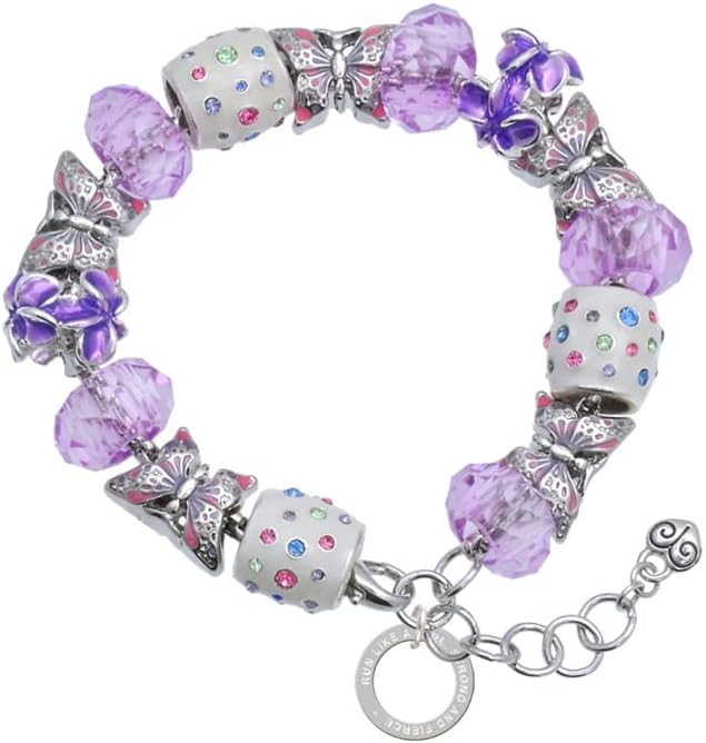Delight Jewelry Silvertone Run Like A Girl Eternity Ring Purple Butterfly Bead Charm Bracelet, 7"+1" Extender