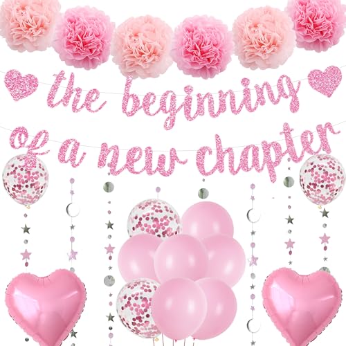 Congratulations The Beginning of a New Chapter Banner, Graduation Decorations Glitter Banners Pink Garland Paper Pompoms, Farewell Party Supplies for Retirement Job Change Divorce Decoration