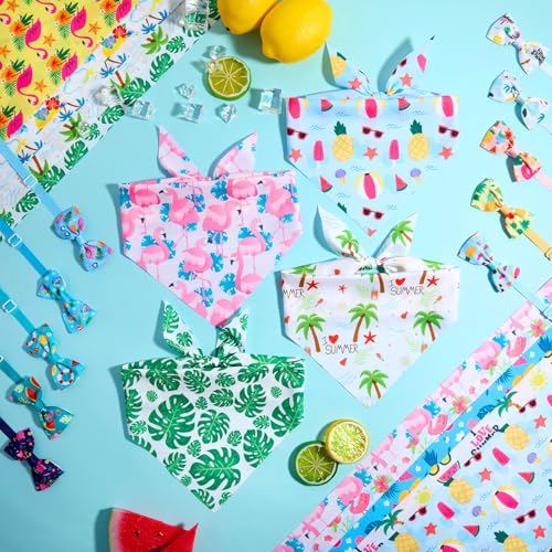 Sanwuta 50 Pcs Summer Bandanas Bulk for Dogs and Collar Bow Ties Set 25 Hawaiian Dogs Bandanas 25 Charm Collar Pet with Fruits Flamingos Scarf Bowtie for Small Medium Large — view 6