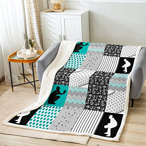 Baseball Player Bed Blanket 90"X90",Baseball Square Grid Throw Blanket For Kids Child Boys Ball Sports Fleece Blanket Softball Chequer Competitive Game Sherpa Blanket Buffalo Checked Striped Decor #TOP20