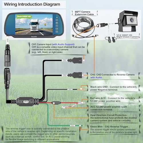 Image of Backup camere System for Truck, VECLESUS VBS 1080P 7-Inch Mirror Monitor Backup Camera System, HD IR Night Vision, Waterproof Rearview Camera,2 Video 2 Audio Inputs, for Trucks,RVs,Vans,SUVs and Cars