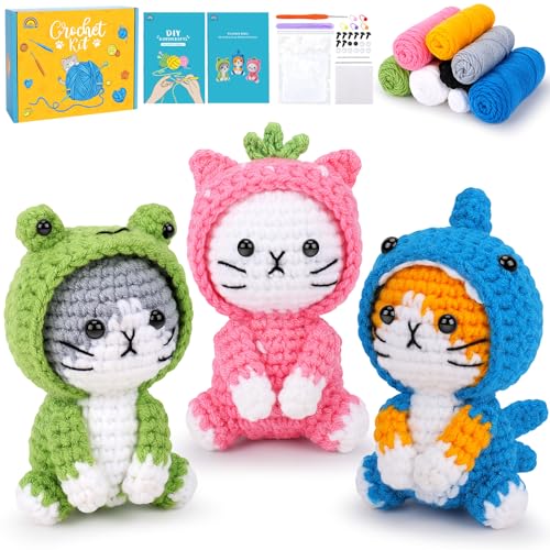 Image of Crochet Kit for Beginners - 3 PCS Crochet Kits with Step-by-Step Video Tutorials, Beginner Crochet Kit for Adults, Crochet Animal Kit for Starters, Cat Dressed as Shark Frog Strawberry